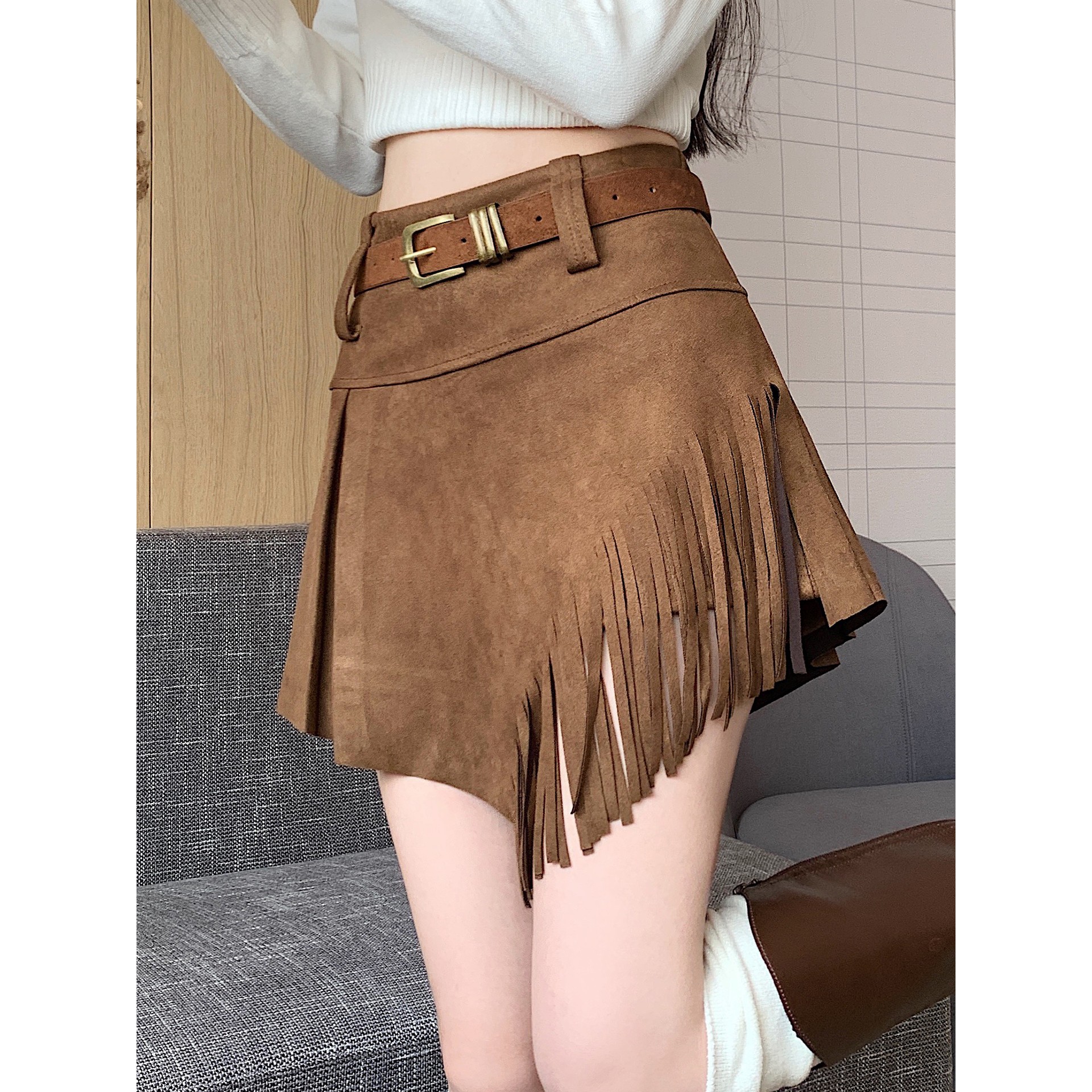 美拉德鹿皮绒不规则流苏短裙女秋新款美式废土风感包臀半身裙