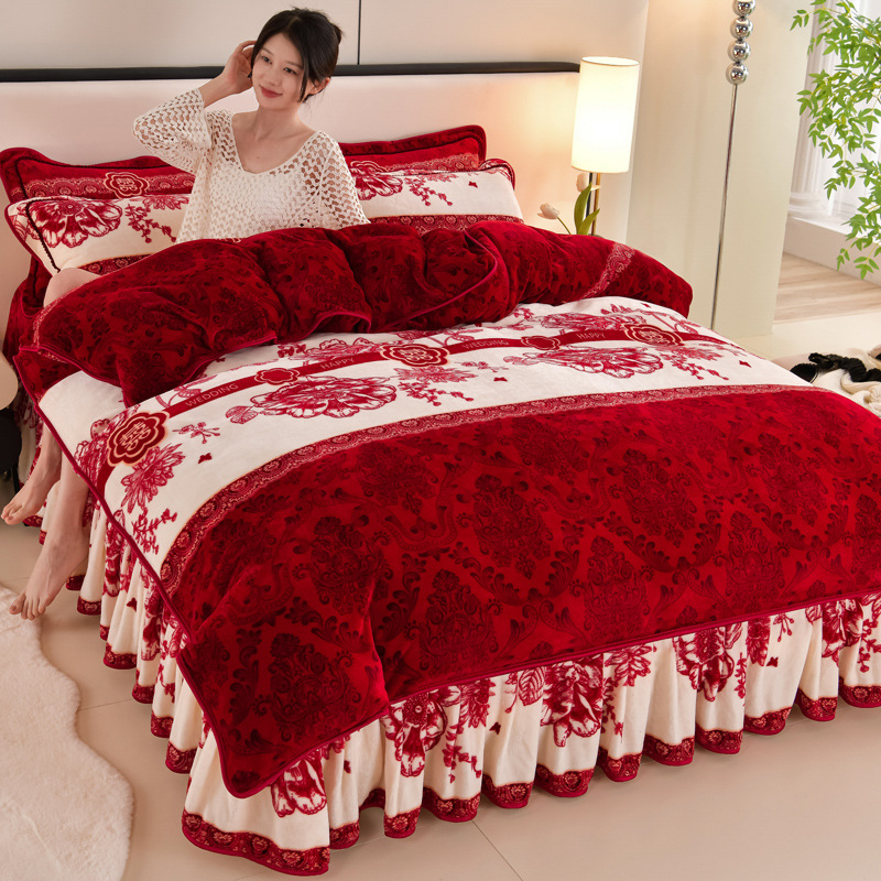 全棉时代双面绒加厚8斤牛奶绒床裙款四件套加绒被套床单保暖