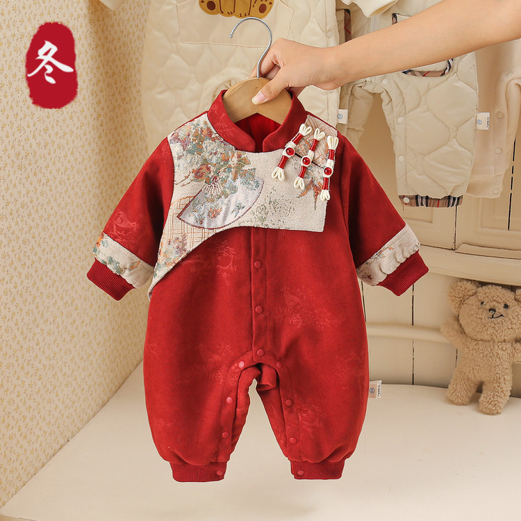 婴儿秋冬衣服女宝宝加绒连体哈衣中国风满月百日宴周岁红色喜庆