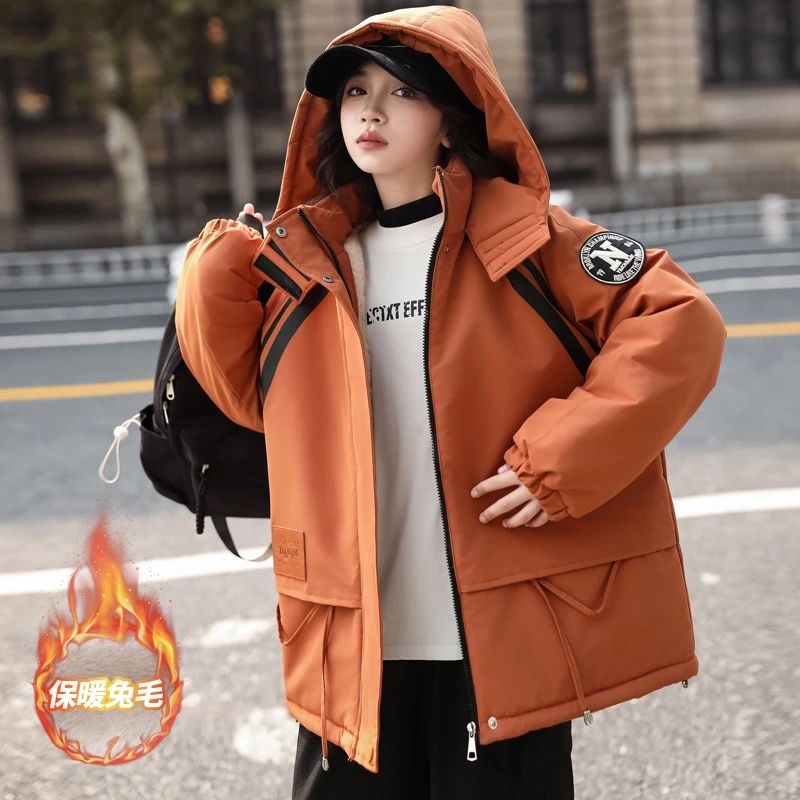 女童加绒外套秋冬装洋气棉衣加厚保暖派克服大童棉袄百搭连帽棉服