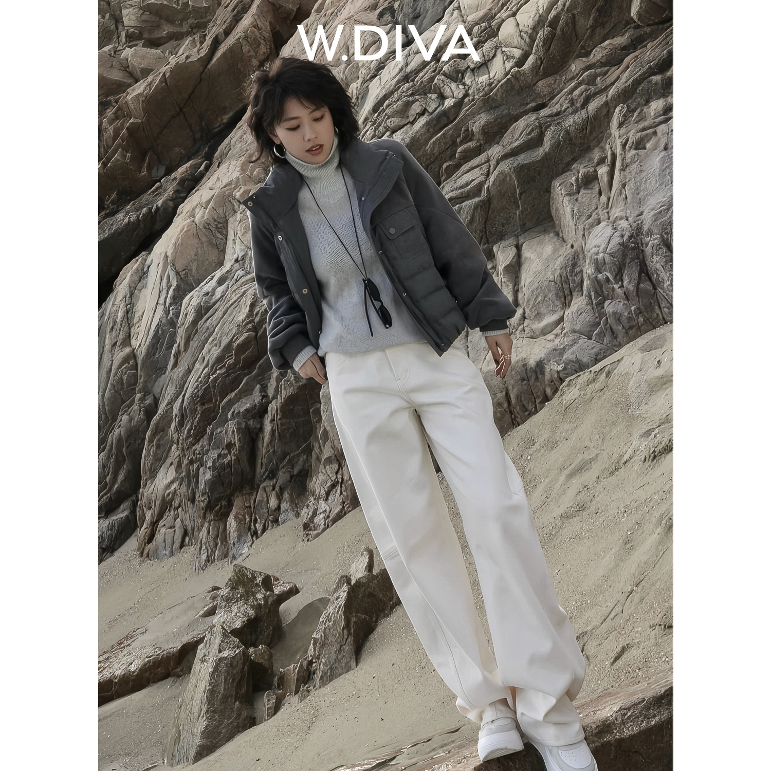 W.Diva【素弧】梨形松弛高级加绒加厚休闲百搭弯刀牛仔裤54K303271