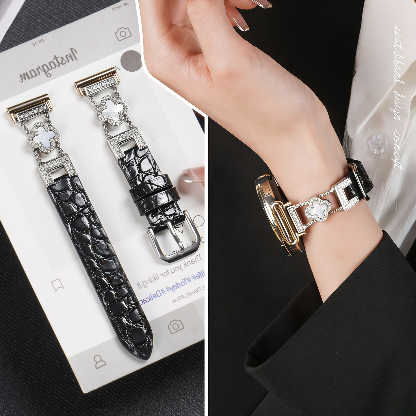 适用华为gt6手表四叶草表带watch gt5智能腕带女款竹节纹镶钻真皮