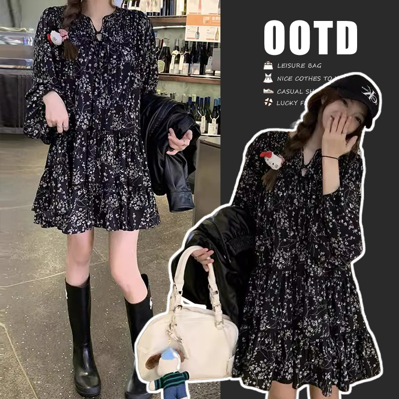 孕妇装2025新款茶歇法式黑色气质长袖碎花连衣裙子高级感短袖短裙