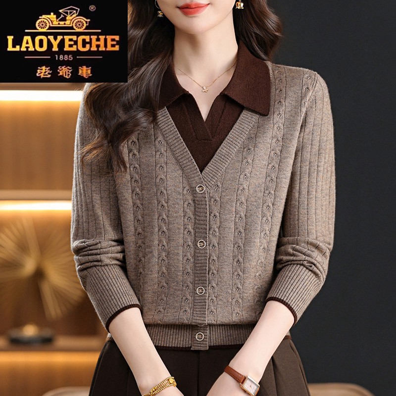 老爷车翻领假两件上衣毛衣女时尚洋气秋冬羊毛针织宽松内搭打底衫