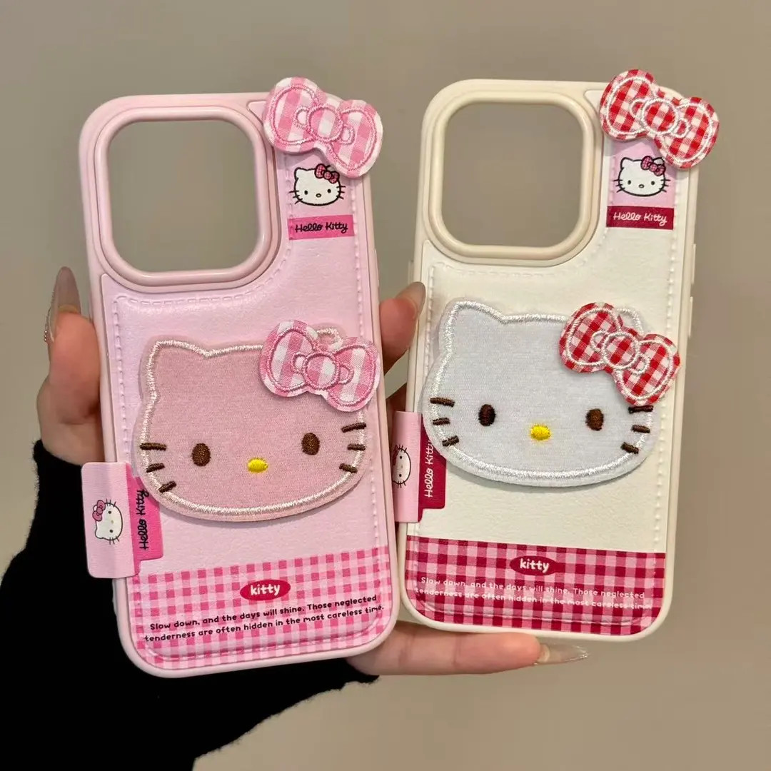 可爱撞色格纹刺绣猫咪适用苹果17pro手机壳个性iPhone16/15个性14