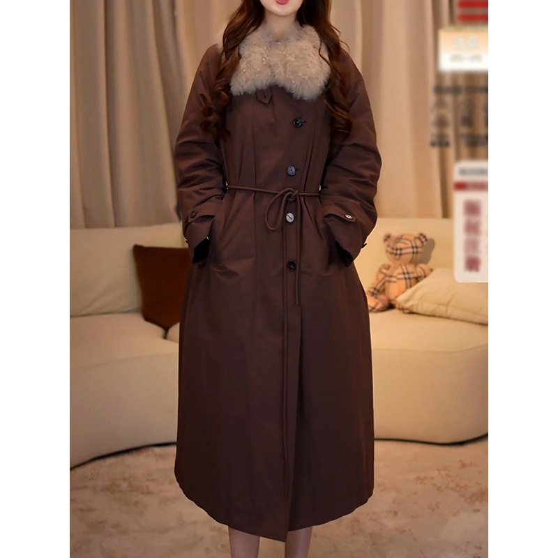 洋气百搭加厚保暖羽绒服外套女2026冬季新款系带纯色宽松长款大衣