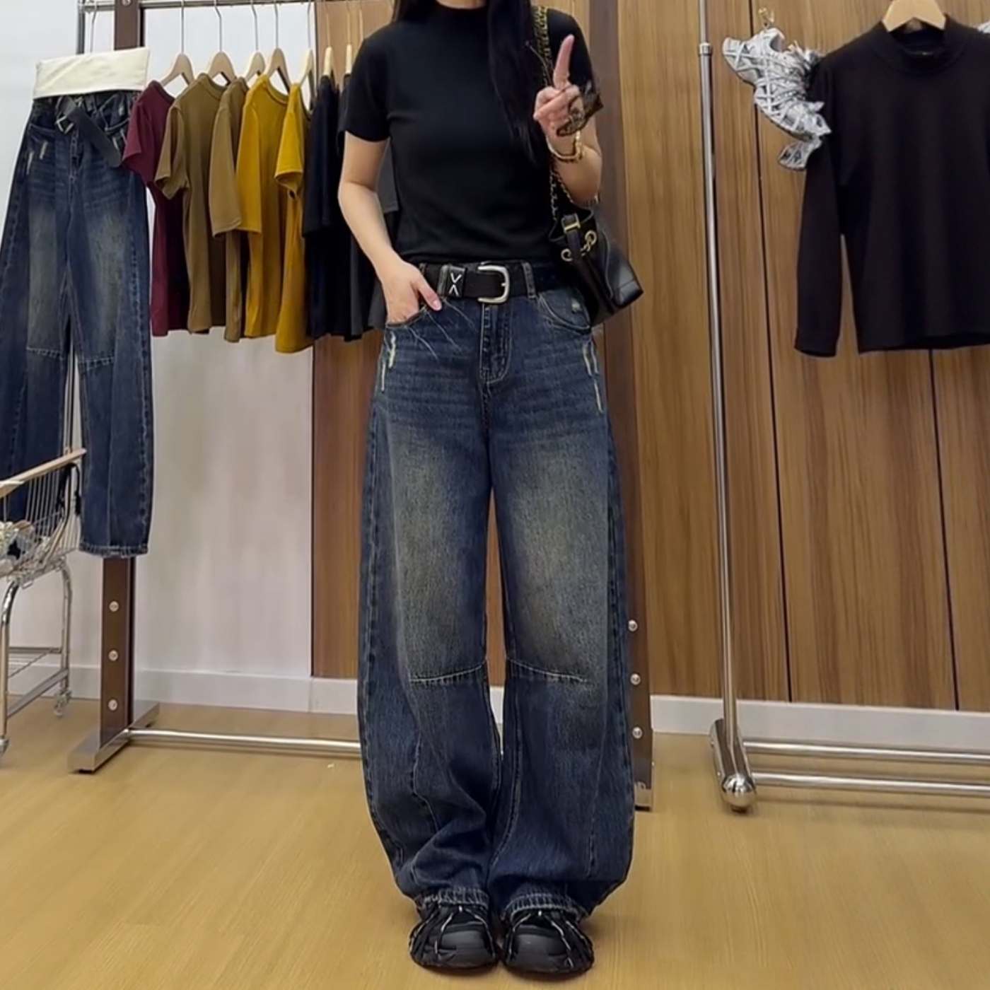梨形身材美式设计感牛仔裤女2025早秋新款大码显瘦阔腿拖地长裤子
