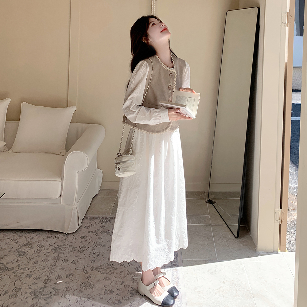 法式白色长袖女2025春秋季新款穿搭一整套清冷系禅意衣服女连衣裙