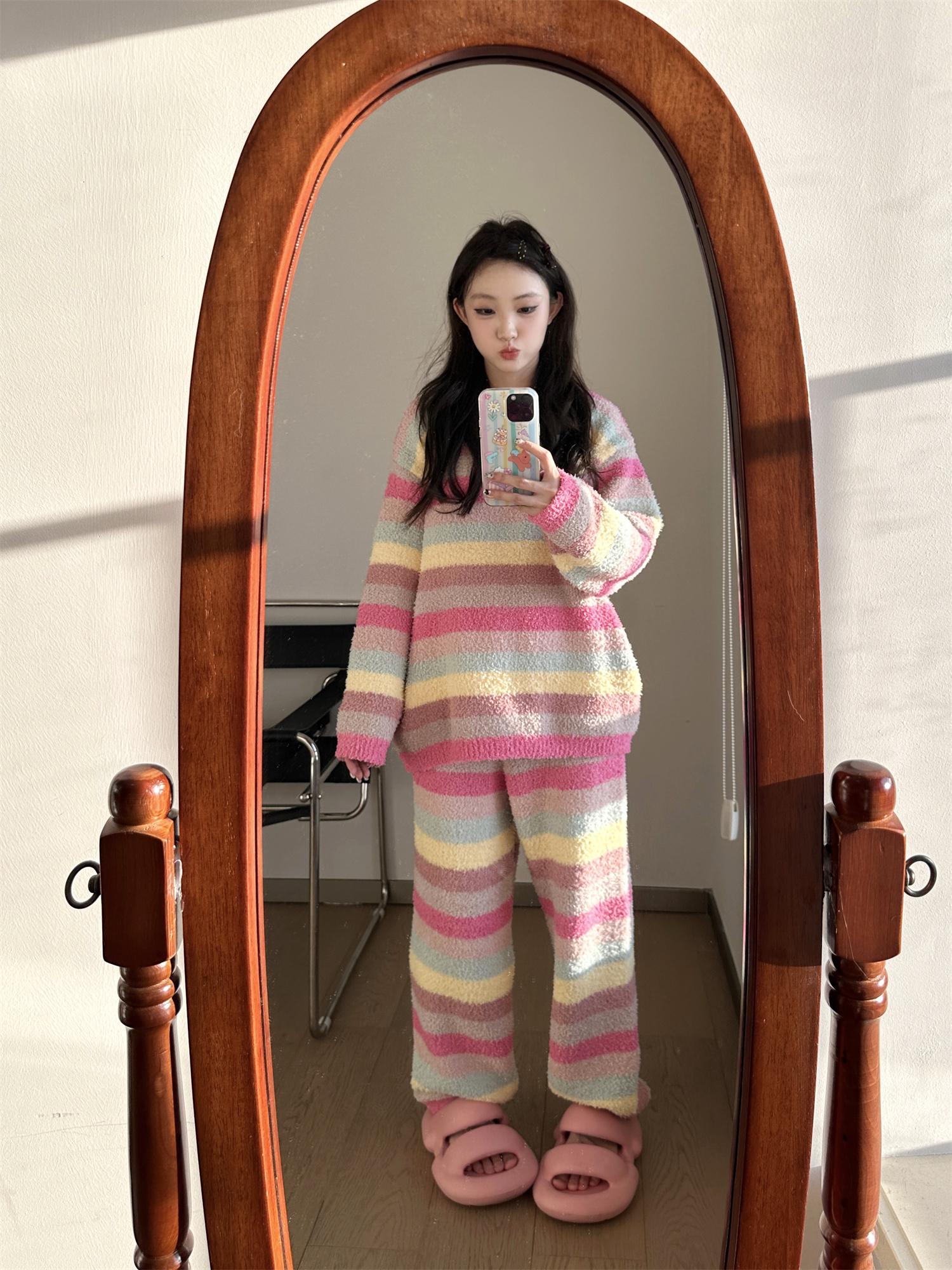 韩系彩虹条纹半边绒睡衣女秋冬季新款甜美加绒保暖家居服大码套装