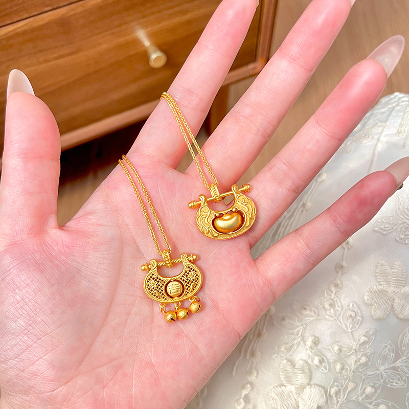 吊坠足银珐琅 「福宝元」足银999.9长命锁民族风描金元宝项链祥云锁