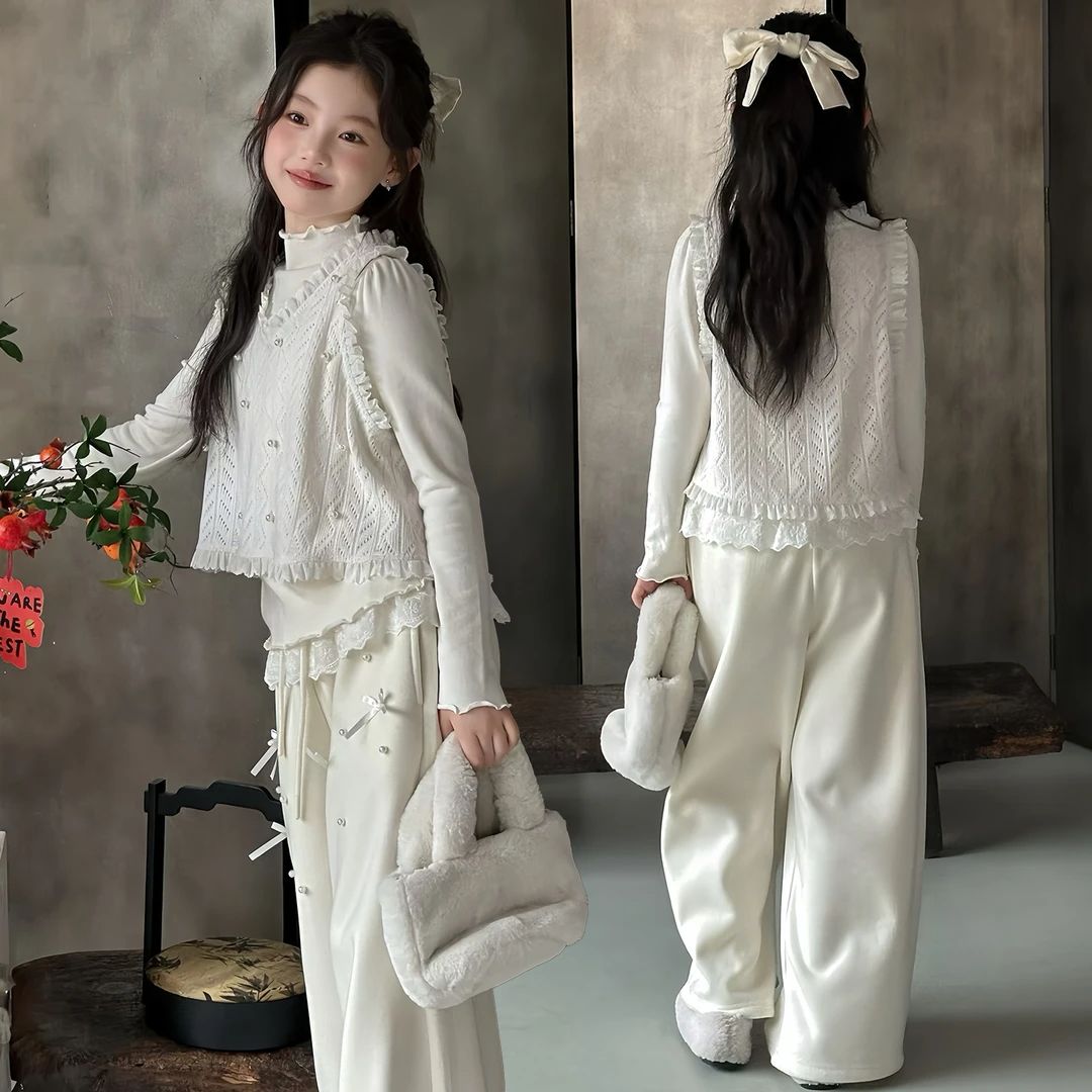 女童韩系套装2025秋冬女孩蕾丝拼接马甲半高领打底三件套直筒裤子