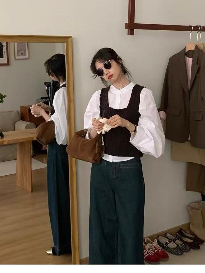 【绅士品格】2025秋季新款咖色马甲针织背心叠穿外搭白色圆领衬衫