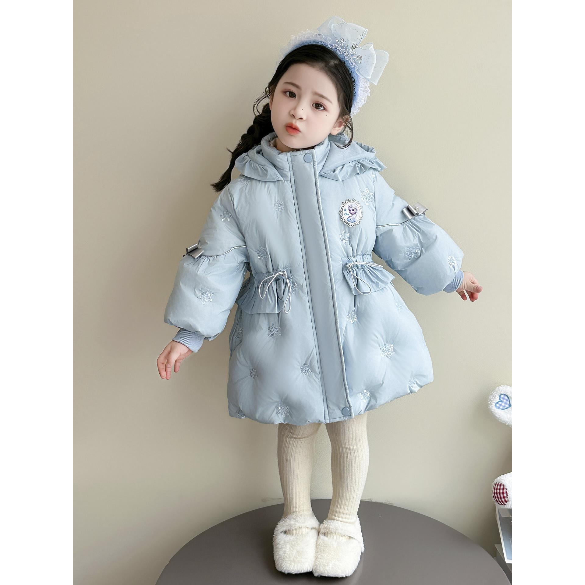 女童爱莎羽绒服冬季2025新款女宝宝洋气时髦白鸭绒保暖中长款外套