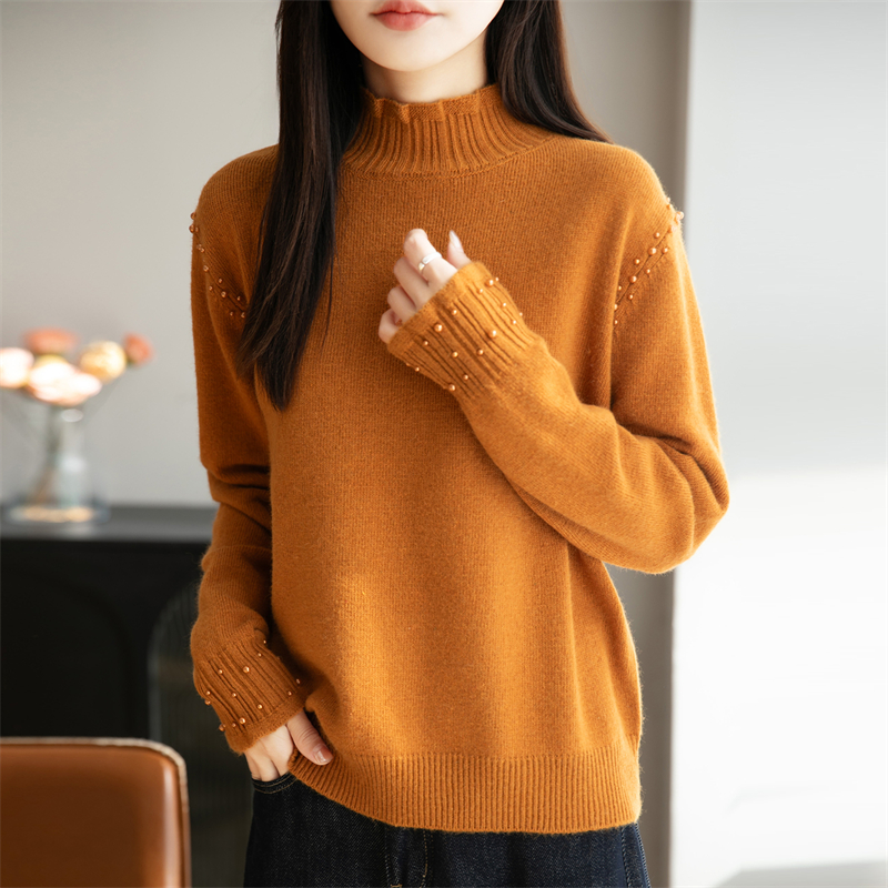 正品羊毛衫秋冬新款半高领精纺针织打底衫宽松钉珠时尚软糯毛衣女