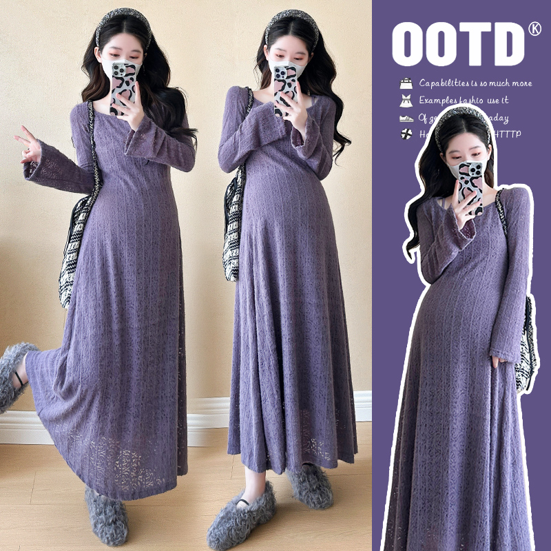 时尚孕妇秋季高级感显瘦长袖长款孕妇连衣裙两件套