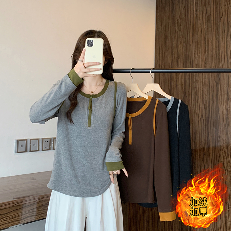 2025秋冬胖mm大码女撞色加绒加厚保暖半开领长袖内搭上衣A2617