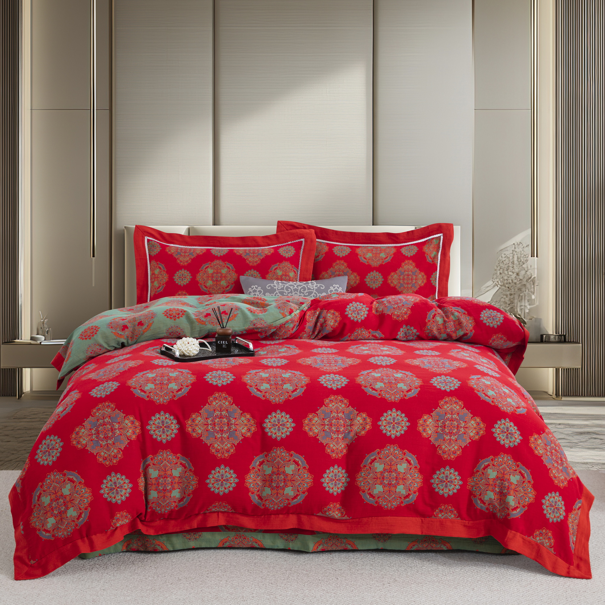 【花漾】胭脂红-A类全棉双层纱色织提花红色四件套100％全棉柔软亲肤