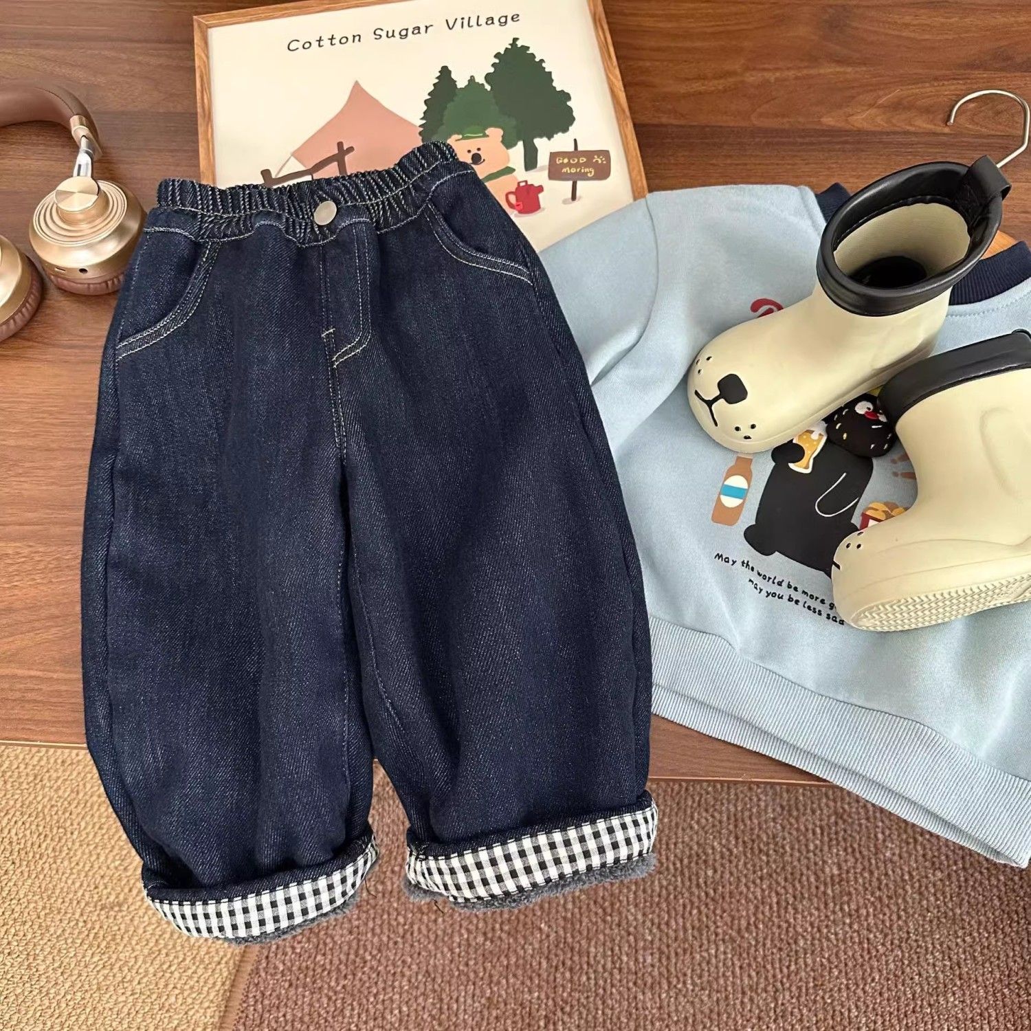 格子边儿童韩版卷边春秋牛仔裤2025新款男童春装宽松长裤女童裤子