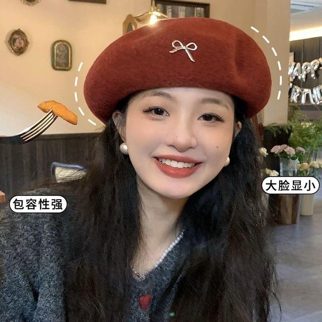 韩版可爱蝴蝶结刺绣新款羊毛贝雷帽帽子子女秋冬百搭大头围显画家