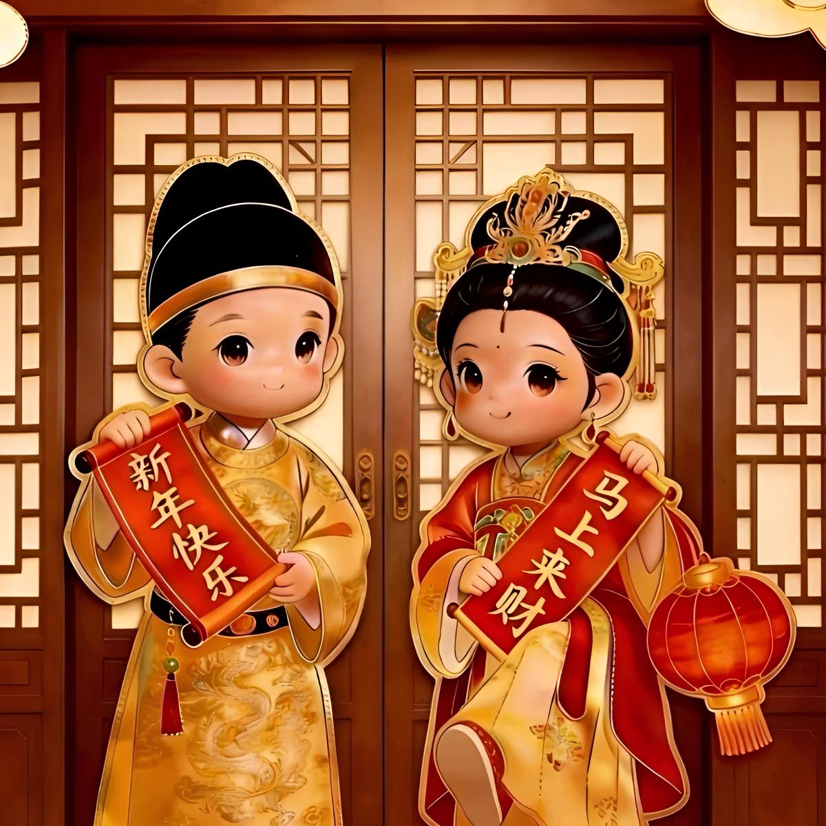 新春新年快乐汉服金童玉女贴纸大门墙面玻璃贴
