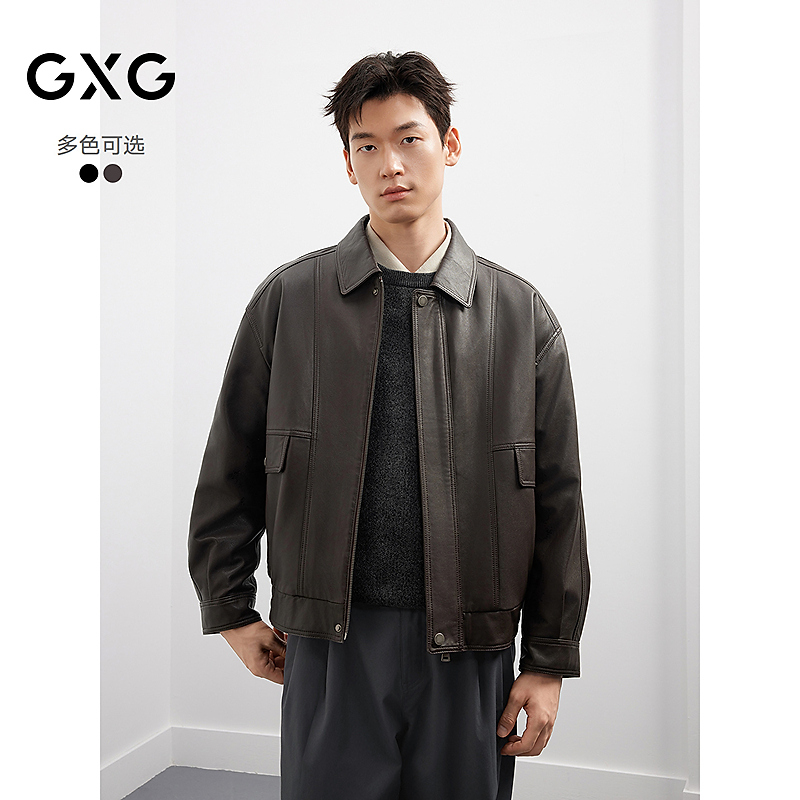 【新品】GXG男装复古夹克宽松真皮皮衣外套25年秋羊皮#G25D123002
