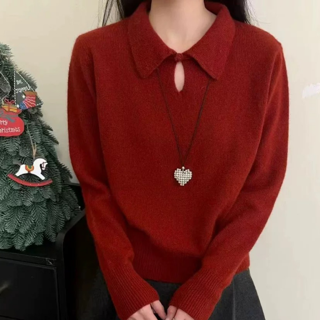 新中式国风盘扣翻领水滴镂空针织衫百搭毛衣女2025秋冬新款