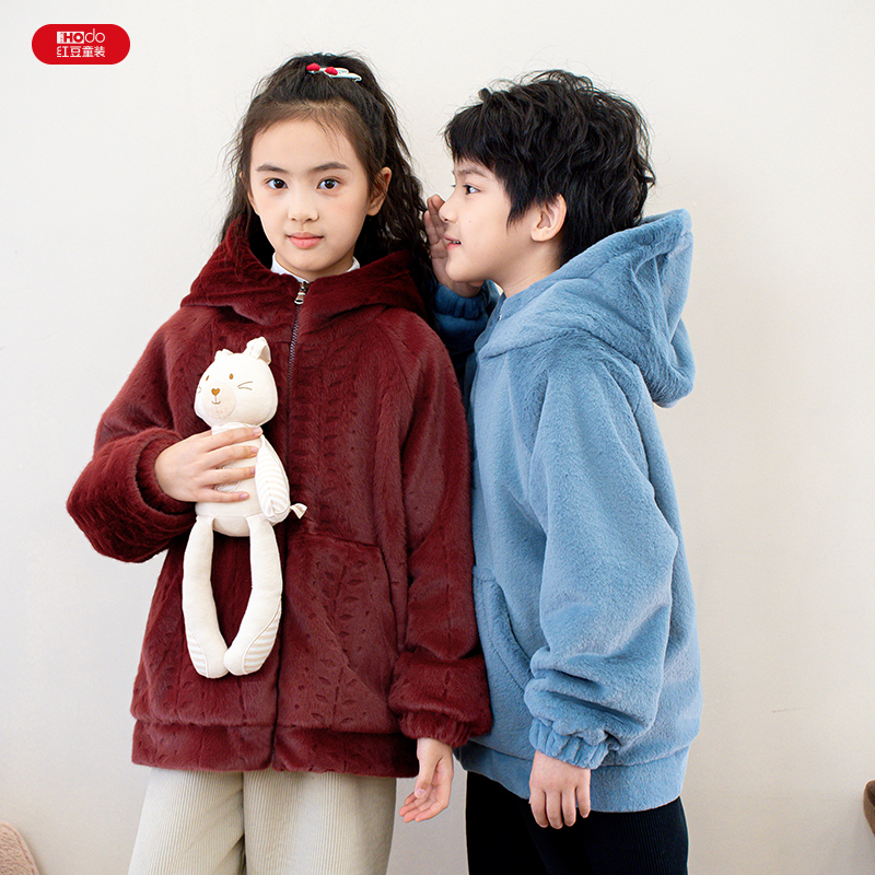 Hodo/红豆冬季加绒加厚款外穿亲子家居服套装纯色拉链连帽睡衣