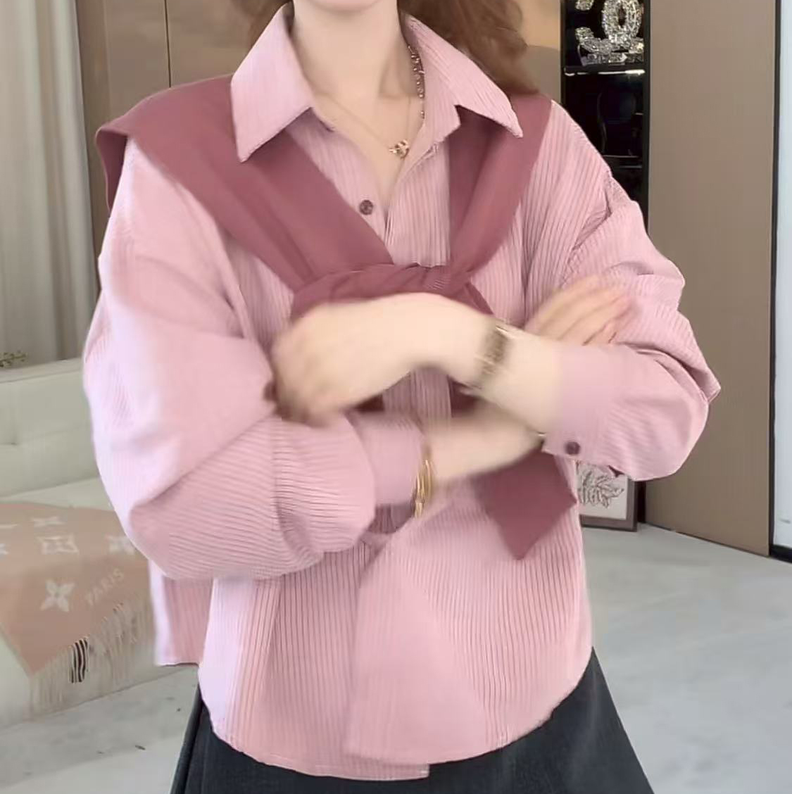 【纹序风线】拼接秋季长袖外套纯色休闲风透气宽松百搭条纹衬衫