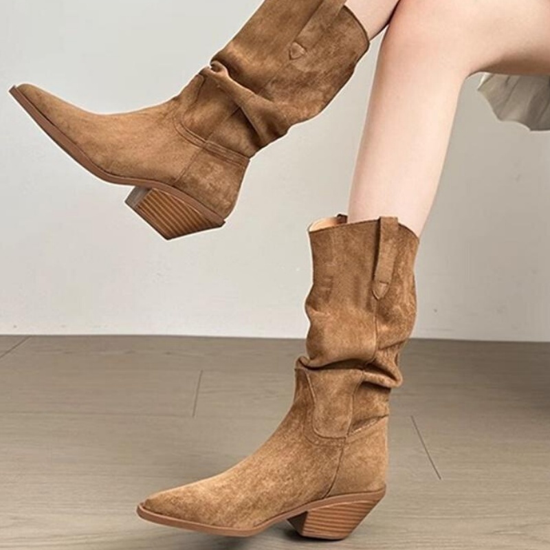 时尚韩版尖头粗跟堆堆靴女2025春秋新款中筒靴西部牛仔靴复古短靴