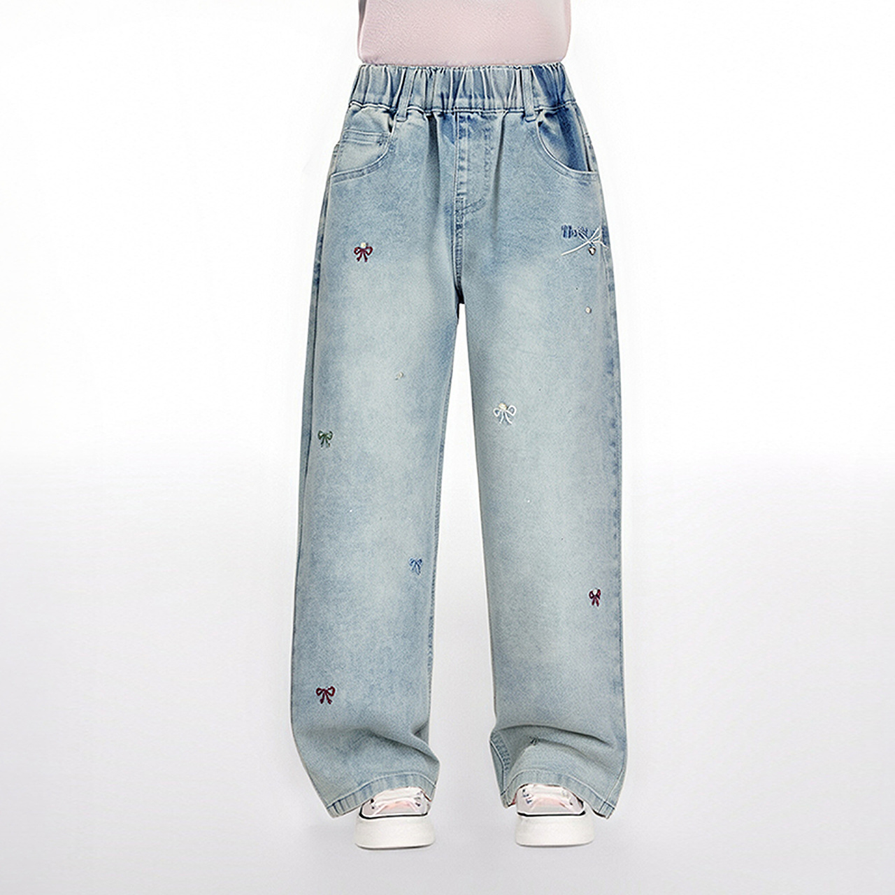 笛莎女童牛仔裤25秋季新款儿童蝴蝶结直筒浅蓝剌绣阔腿裤休闲长裤