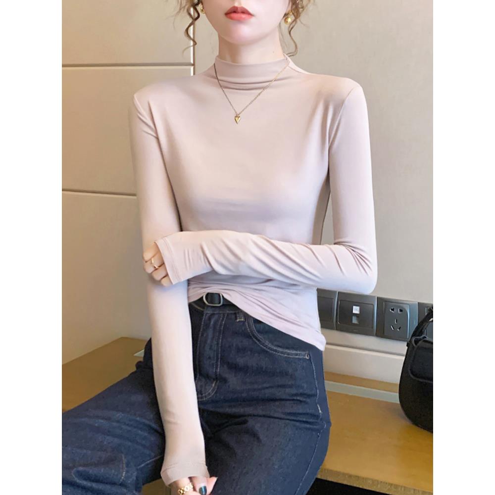 秋冬春秋百搭显瘦纯色修身紧身洋气长袖打底衫女莫代尔纤维95%聚