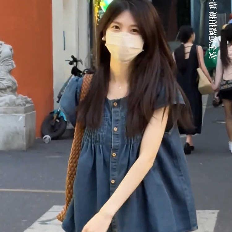 复古短袖牛仔衬衫女夏天宽松遮肚显瘦娃娃衫设计感减龄洋气上衣潮