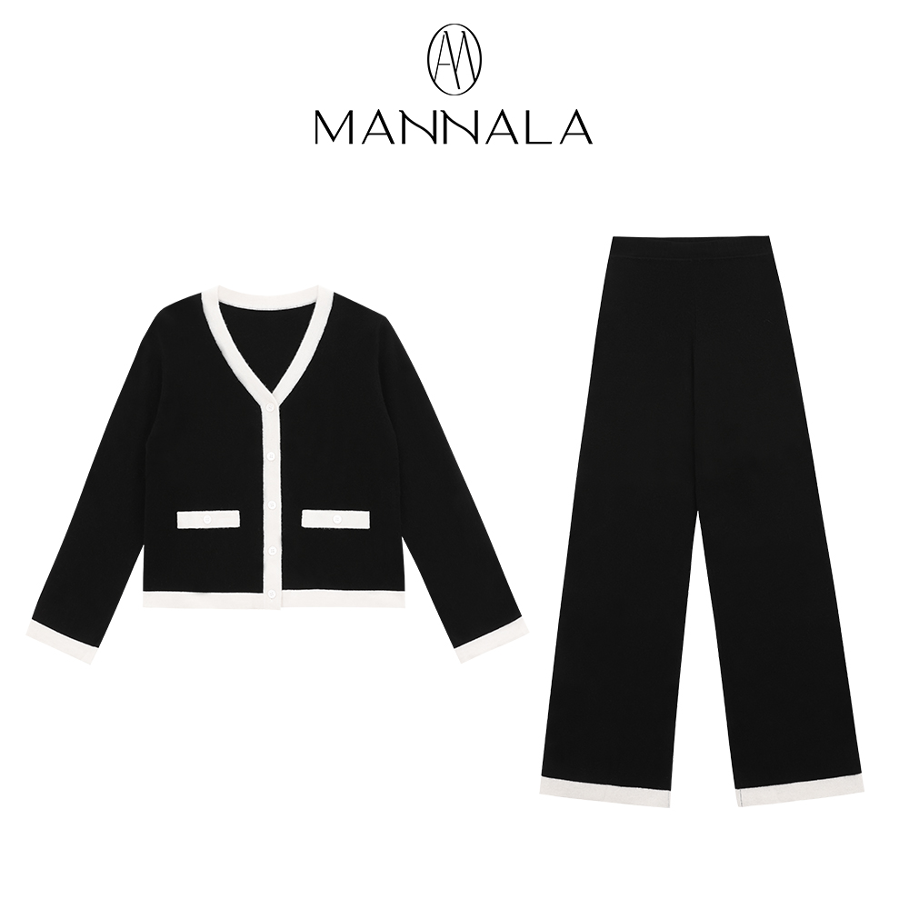 MANNALA丨“凯瑟琳”经典小香风撞色香风开衫针织裤套装 Q4659