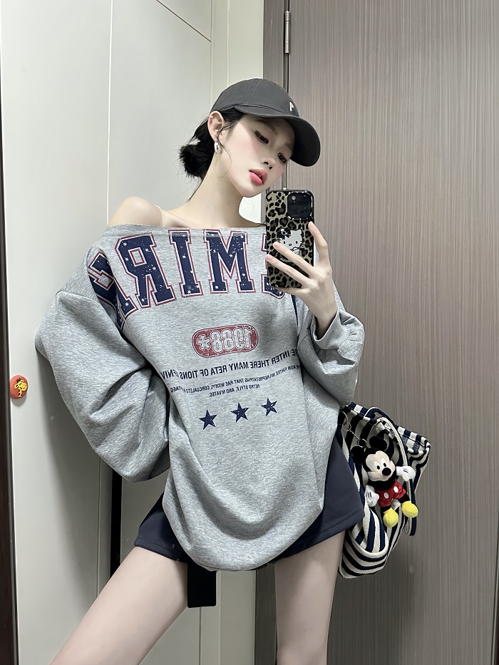 现货！原版高品质【曼巴棉300克】美式复古设计感斜肩卫衣女宽松上衣