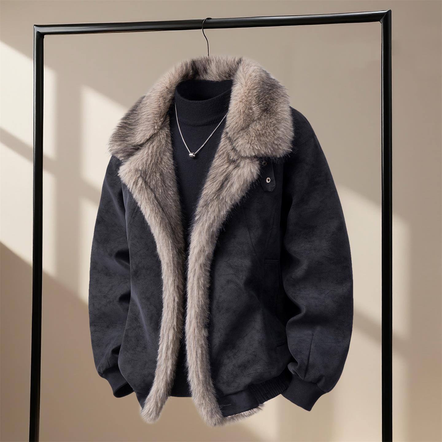 痞帅慵懒风男装2025冬季时尚新款翻领加棉加厚百搭夹克纯色外套