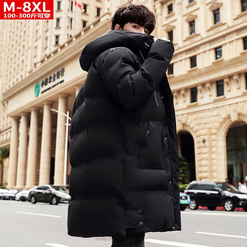 冬装潮男士中长款加肥大码加厚连帽棉衣胖青年保暖抗寒棉服男外套