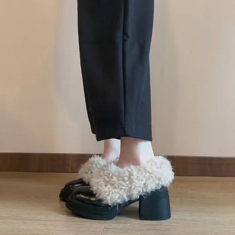 软皮版~2025秋冬新款法式粗跟毛毛乐福鞋一脚蹬加绒保暖厚底棉鞋