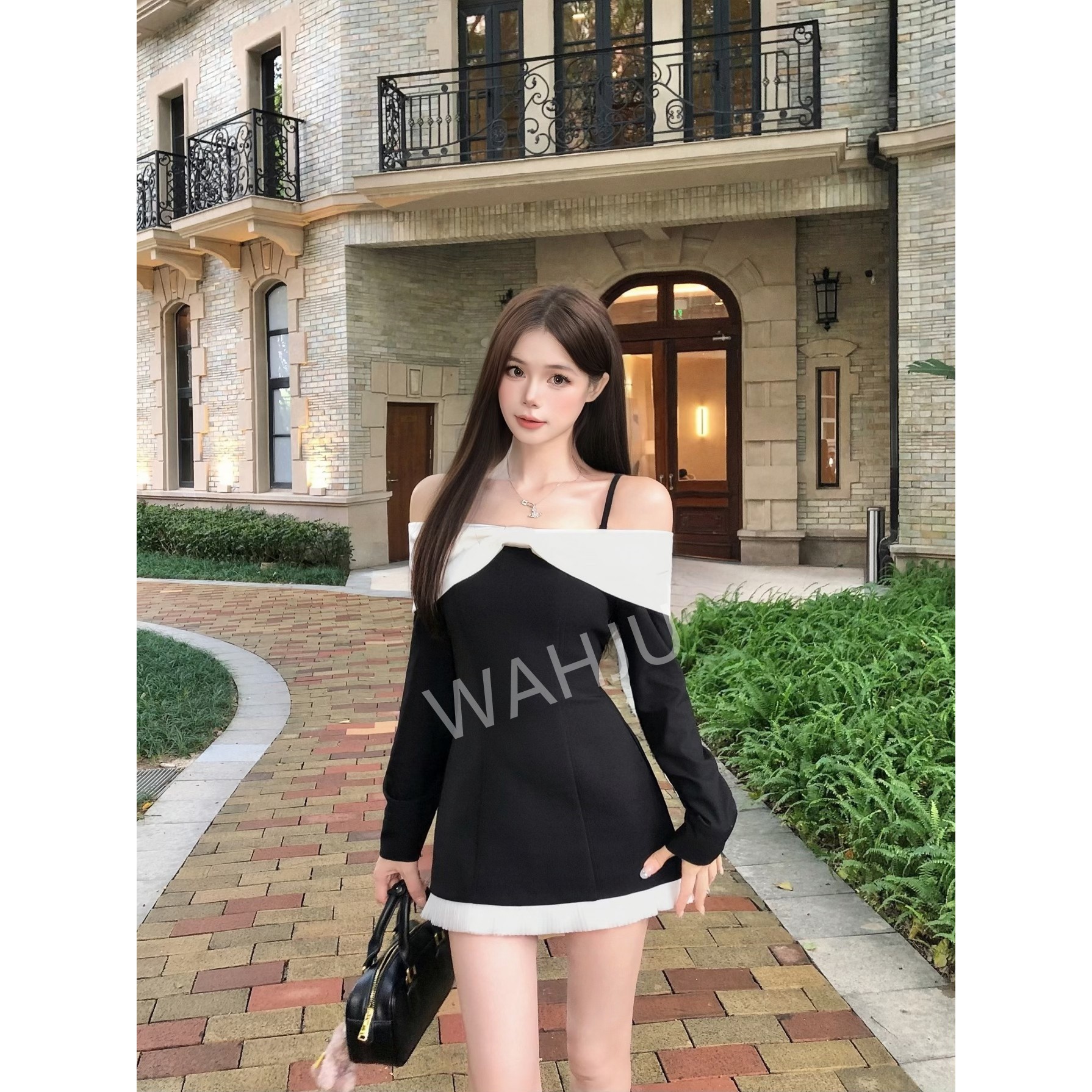 画解WAHJU【复刻回忆】早秋蝴蝶结设计黑白拼接吊带连衣裙9774W