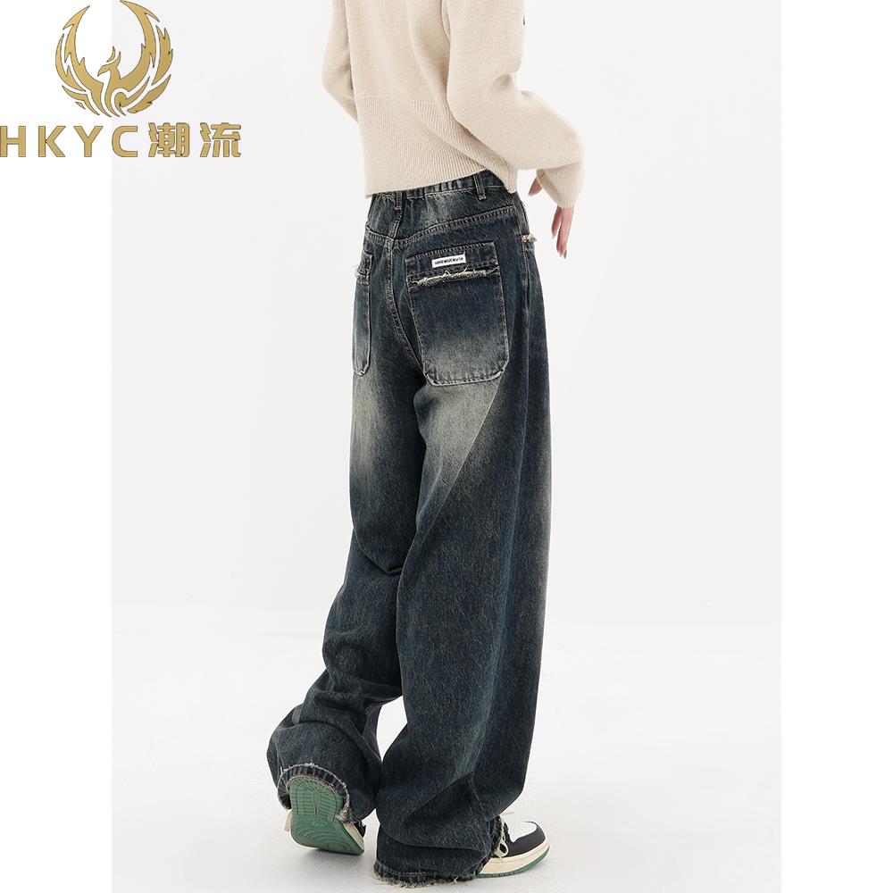 HKYC美国复古高街深蓝色宽腿牛仔男宽松褶皱休闲拖地裤裤子