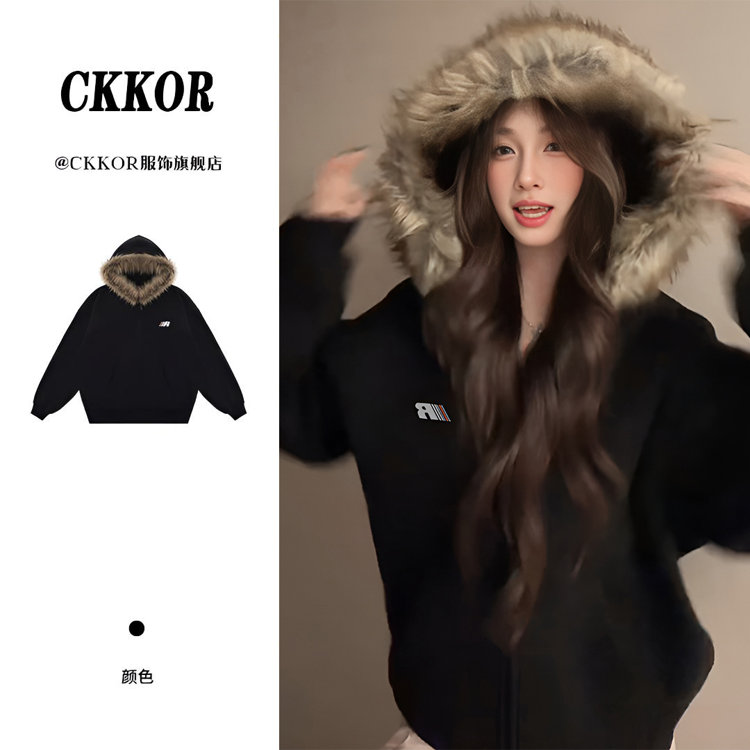 CKKOR秋冬新款美式复古潮牌情侣款上衣毛领开衫连帽卫衣外套男女