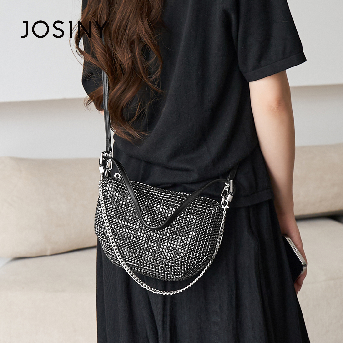 卓诗尼2025拉链证件位镶嵌双根单肩斜挎包小众时尚可爱风纯欲风