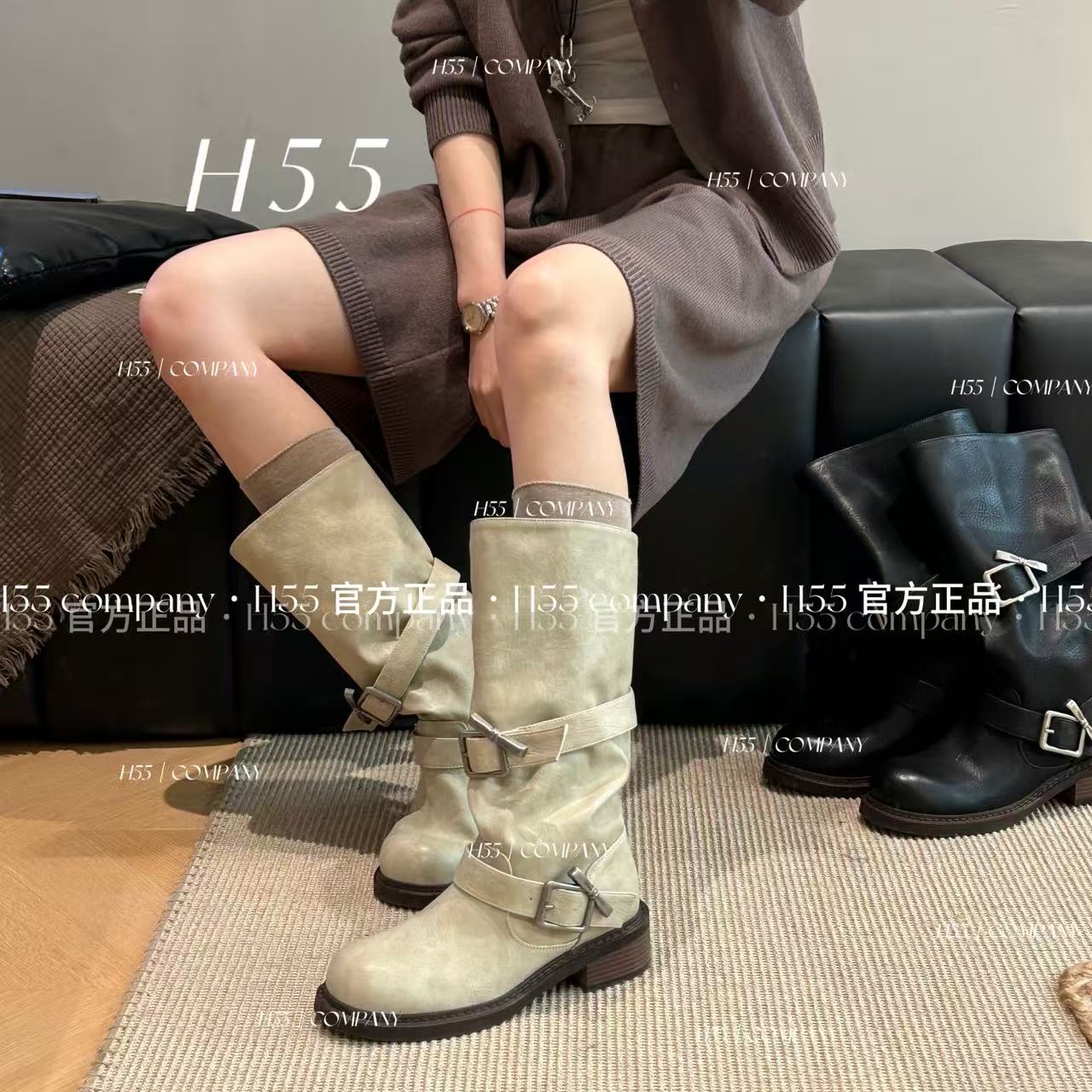 H55-雅典娜-油画质感可拆卸帕带中筒骑士靴4.5cm45-2913-RD