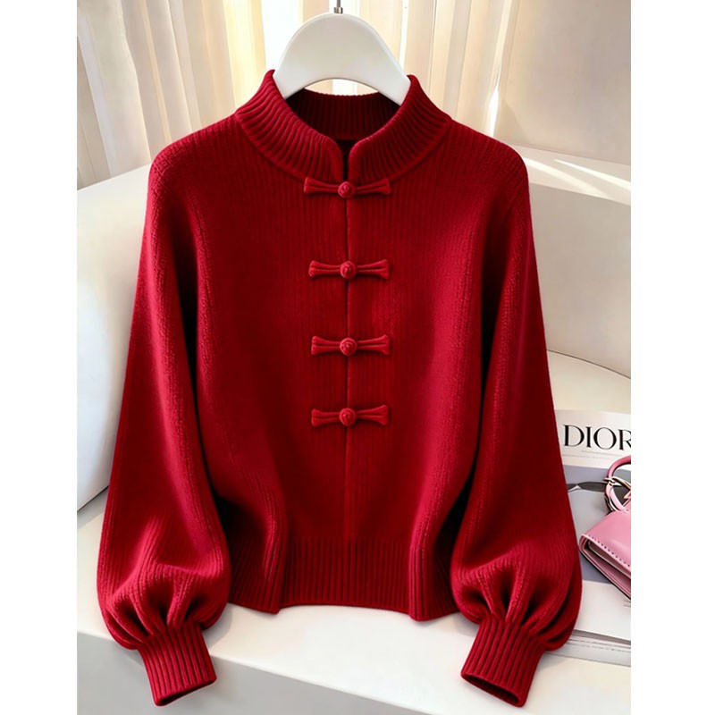 今年冬季新款国风新中式红色氛围感针织衫立领设计感长袖上衣女装