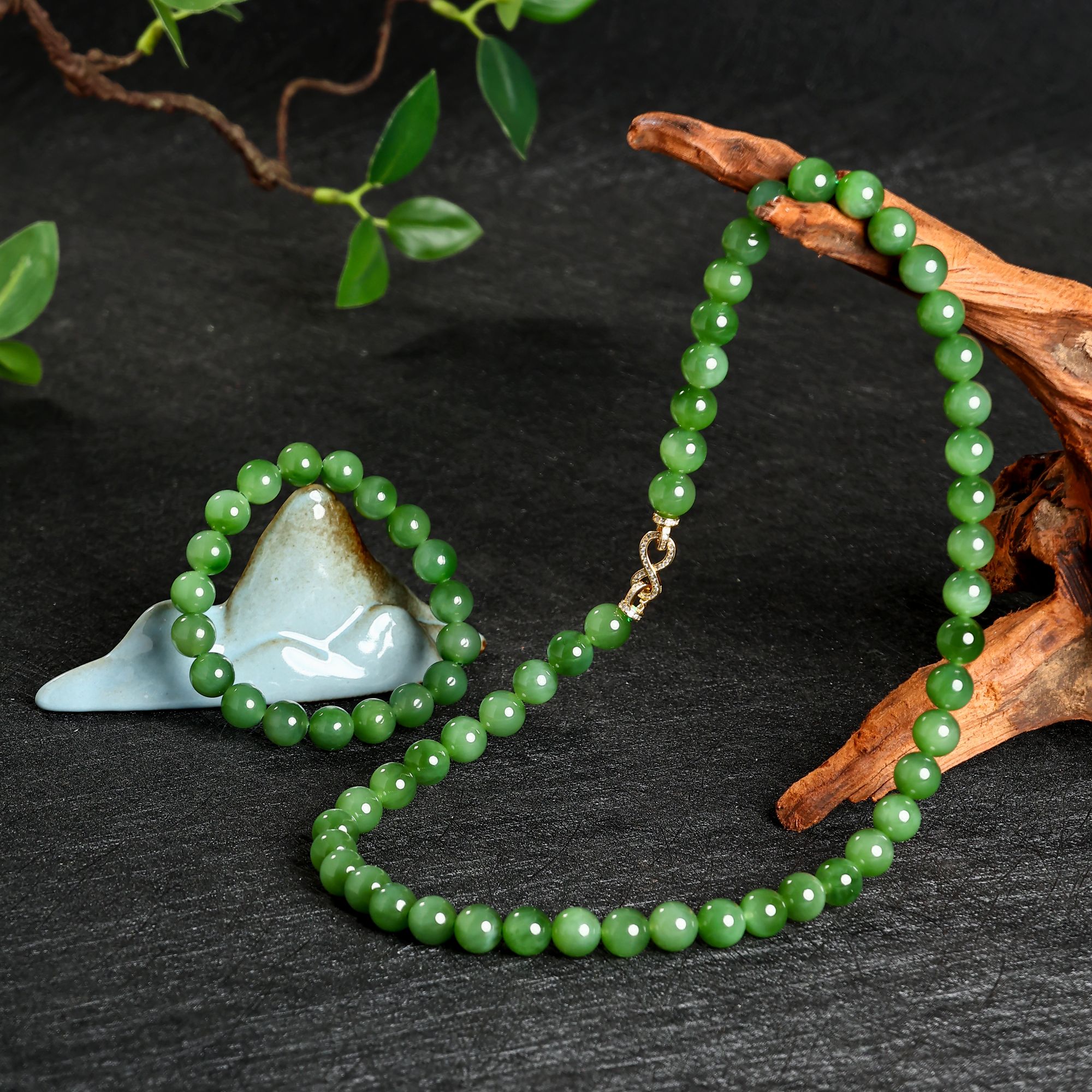 【矿姐珠宝】和田玉碧玉9-10mm妈妈链八字项链麻花扣气质单圈女款