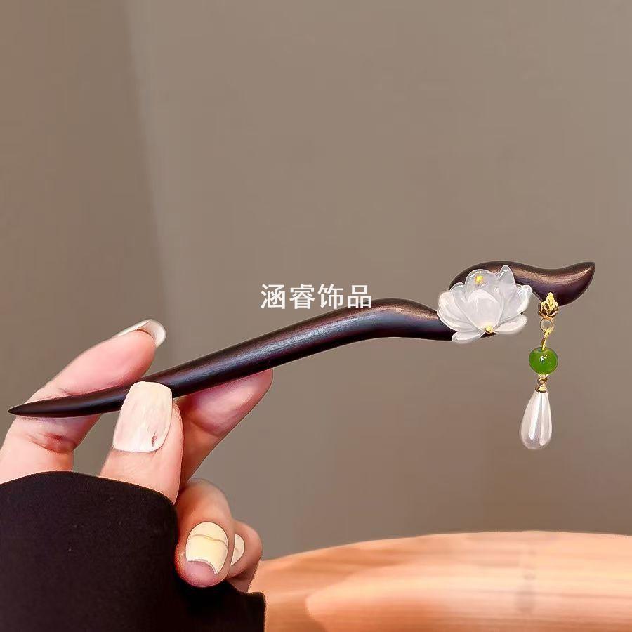 古风双面莲花流苏檀木发簪女简约国风日常步摇发钗高级感盘发簪子