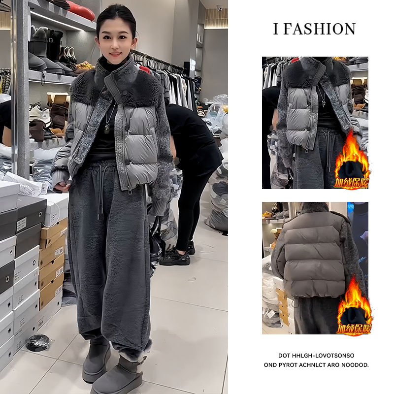 时尚潮流设计感套装女2025年冬季新款加绒保暖外套休闲长裤两件套