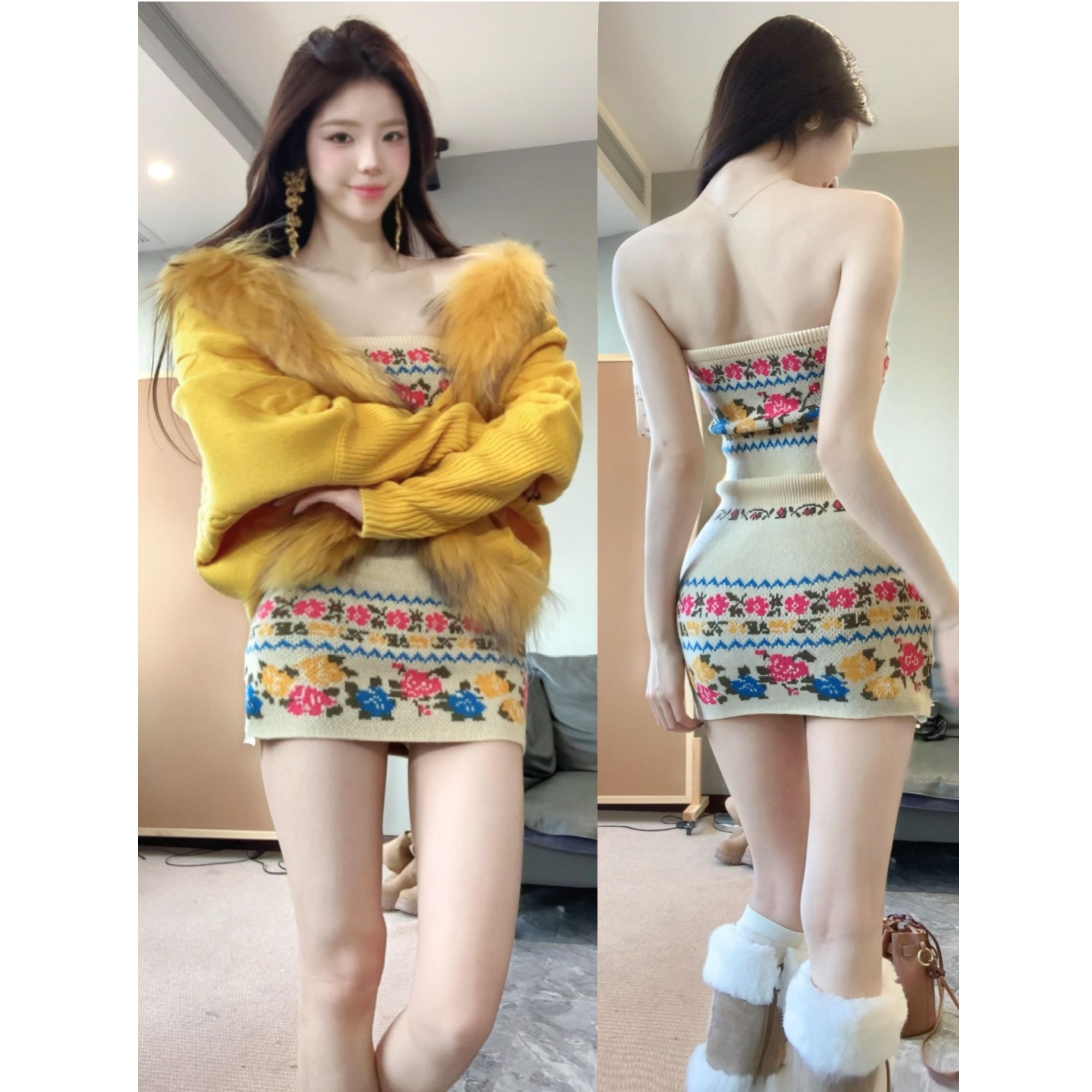 MARIE.COCO法式纯欲辣妹黄色毛领外套女秋冬新款玫瑰花抹胸裙套装