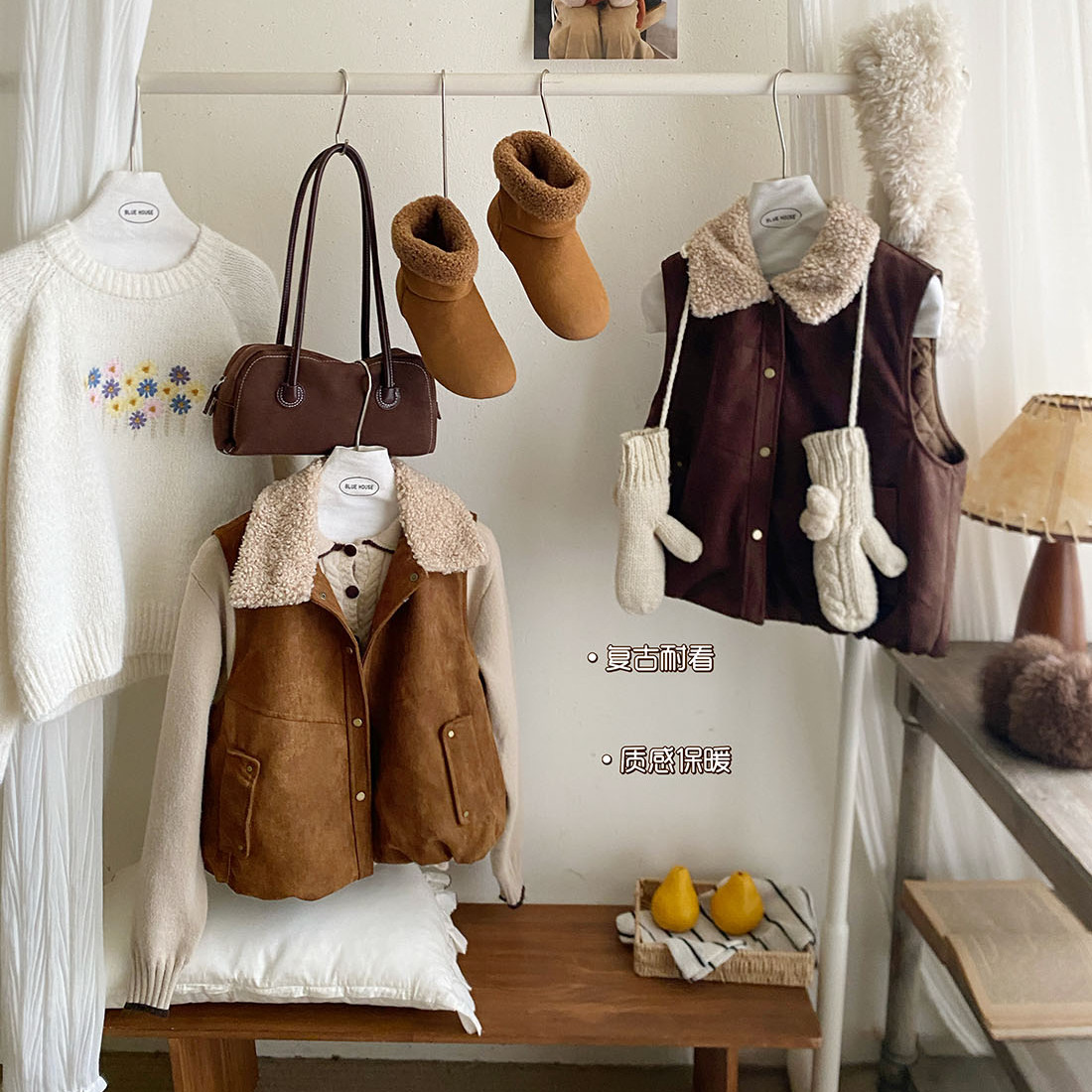 韩系质感麂皮绒翻领马甲外套女冬复古夹棉加厚保暖马夹坎肩