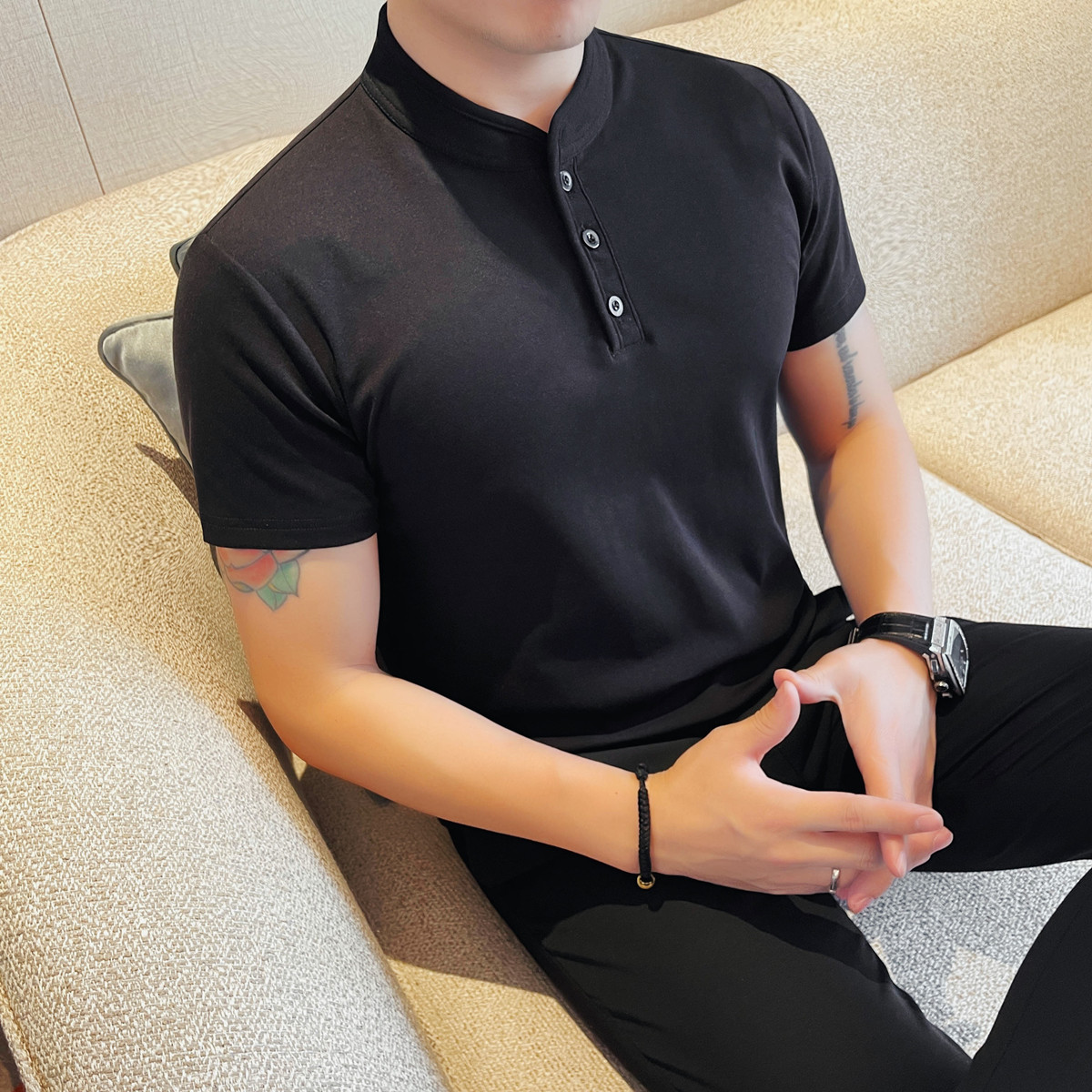 商务亨利领男士韩版立领正肩T恤夏季时尚修身休闲百搭短袖polo衫