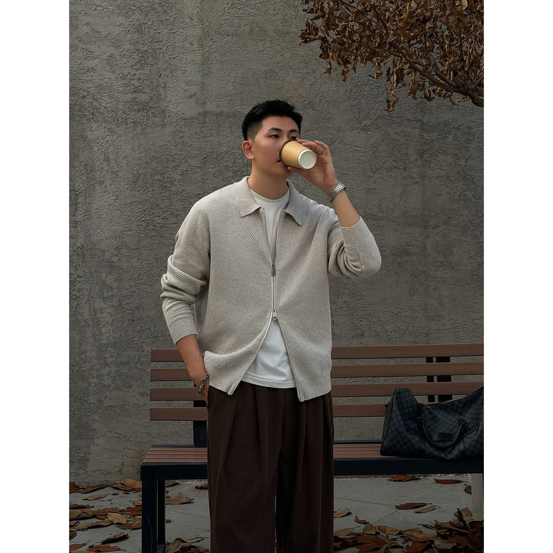 老钱肌理感痞帅拉链翻领开衫男秋冬休闲亲肤保暖毛衣外套